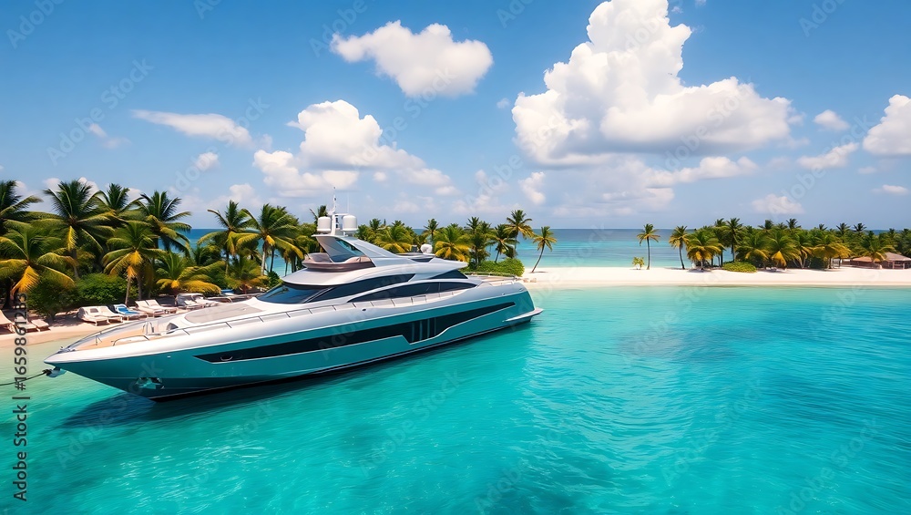 Fototapeta premium Aerial view of a luxury yacht anchored near a tropical island with palm trees and turquoise water