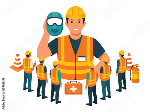 A Clean and Vibrant Flat-Style Illustration of Construction Workers and Safety Equipment