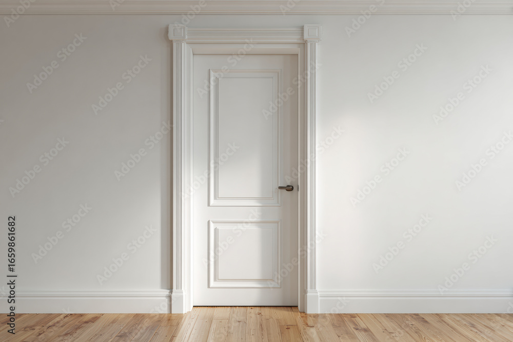 Fototapeta premium White paneled door in a white room with wood floors and trim.
