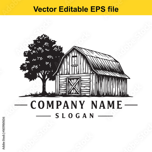 Rustic barn with a tree isolated on white background, vintage farm building design