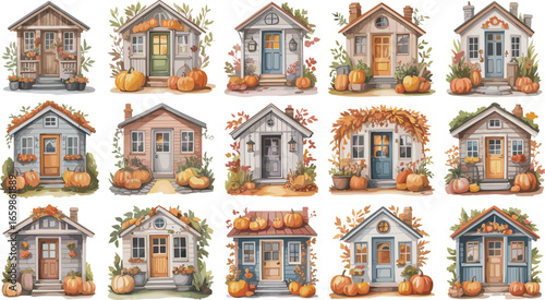 Watercolor autumn cottage collection, cozy tiny houses with pumpkins, fall porch decor, seasonal leaves, rustic charm, hand-painted farmhouse illustration