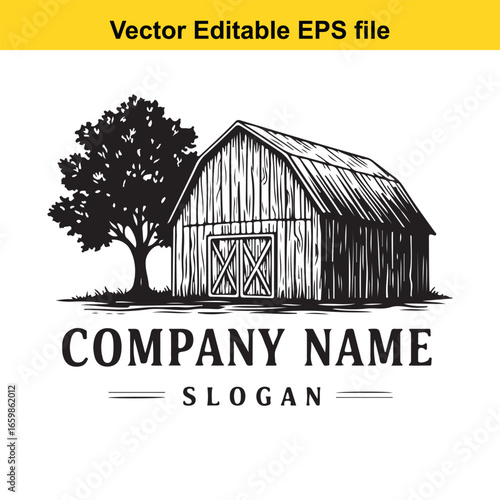 Rustic barn with a tree isolated on white background, vintage farm building design