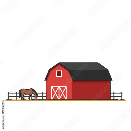 A classic red barn stands beside a simple fence line with a stylized horse grazing, depicted in a 2D flat vector illustration with clean lines and solid colors, isolated on white.
