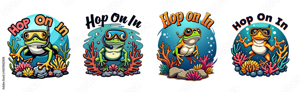 Naklejka premium Four cartoon frogs wearing snorkel masks swim among coral reefs and underwater plants with text transparent background