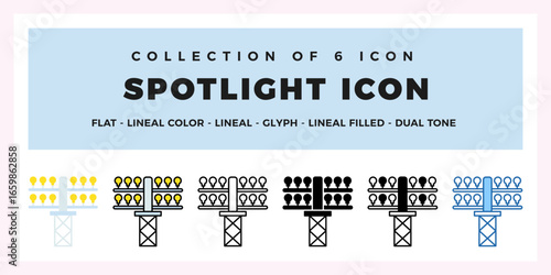 Collection of 6 Spotlight Icons. Flat. Lineal. Glyph Styles