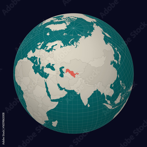 Uzbekistan on the map. Globe centered to Uzbekistan. Country location on the world map. Teal Pale Mint color palette. Globe with countries, meridians and parallels. Creative vector illustration.