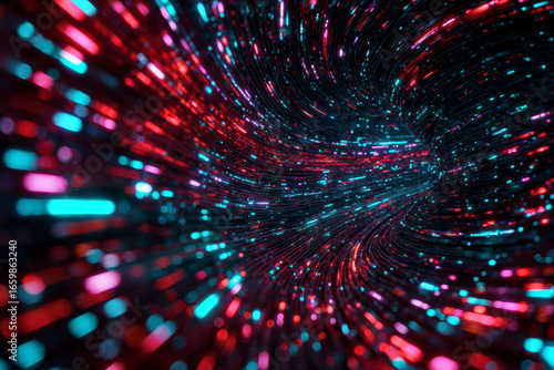 Fototapeta Naklejka Na Ścianę i Meble -  Digital vortex of light: A mesmerizing tunnel effect with vibrant streaks of red and blue digital radiance.