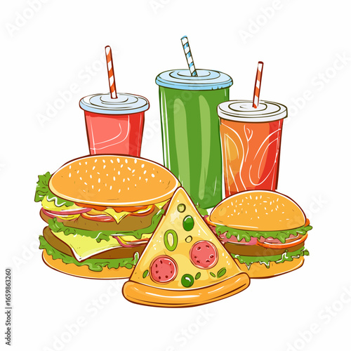 Fast Food Feast Burgers, Pizza, and Soda Illustration