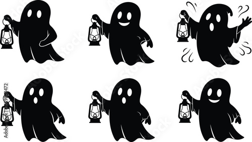 Cute ghost silhouette set with lantern, Halloween cartoon vector, spooky expressions, haunted theme, character pack for holiday decoration and design