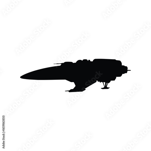 Sleek futuristic spaceship silhouette mid flight with landing gear extended isolated vector