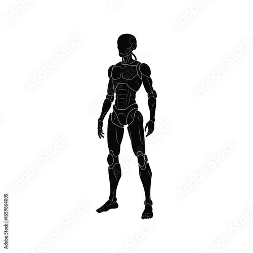 Futuristic humanoid robot standing with detailed mechanical body silhouette vector