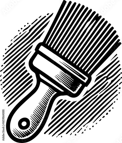 Illustration of a paintbrush with a wooden handle and bristles on a hatched background design element