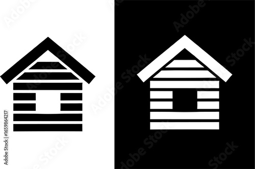 Simple Black and White Icons Representing Wooden Houses and Residential Buildings