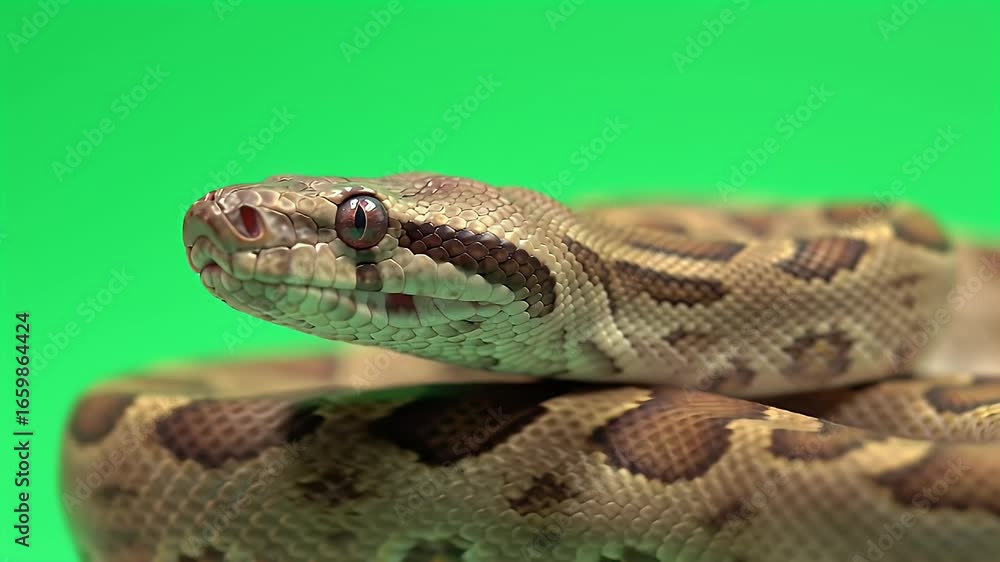 Close-up of a detailed patterned snake head with striking eyes, set against a vibrant green screen background, perfect for compositing. Close-up of a detailed patterned snake head with striking eyes, set against a vibrant green screen background, perfect for compositing.