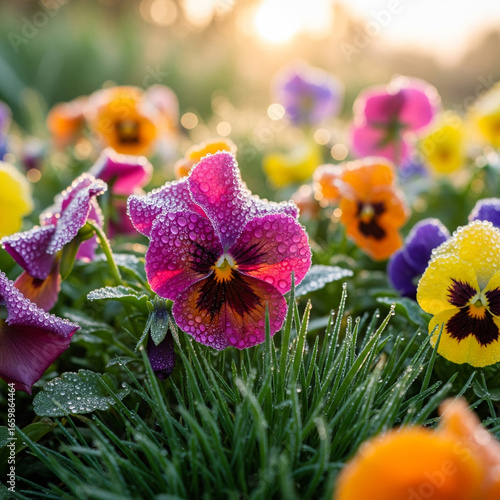 This photograph shows a close-up, ground-level view of a vibrant patch of pansies in the morning light. 