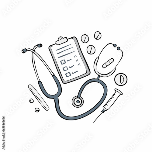 Medical Tools A Detailed Illustrated Guide Featuring Stethoscope, Clipboard, Syringe, and Pills for Healthcare Professionals