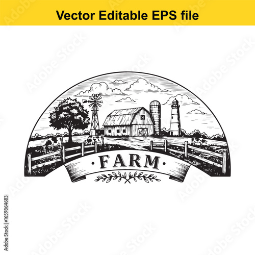 Farm scene with barn, windmill, silo, and lighthouse, isolated on white background