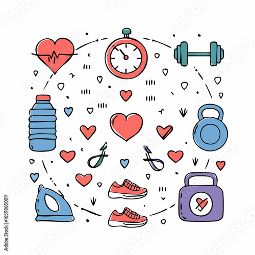Colorful fitness and wellness icon collection in a circular doodle design. Vector illustration representing a passion for a healthy heart, exercise, and an active sports lifestyle.