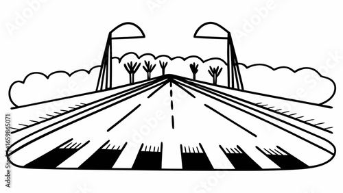 Illustration of a straight road with pedestrian crossing streetlights and trees in black and white