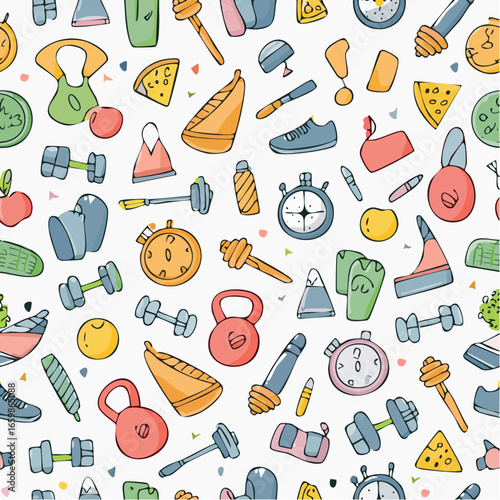 Vibrant Fitness Frenzy A Colorful and Energetic Seamless Pattern Design of Workout Essentials for Active Lifestyles