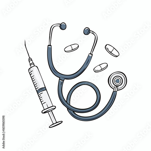Medical Treatment Elements Stethoscope, Syringe, and Pills Illustration