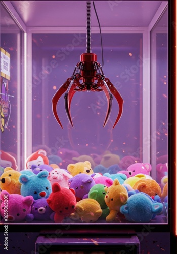 Claw machine with plush toys.  Red claw in center,  toys below