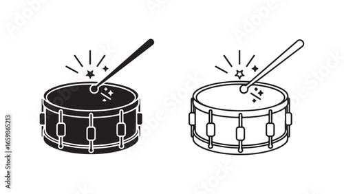 Drum with drumstick hitting, black and white