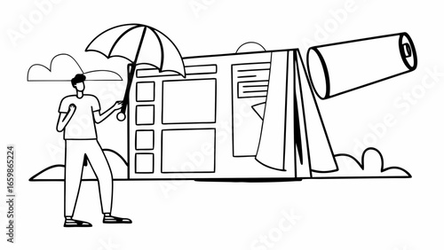Man with umbrella standing next to a large calendar and a rolled up poster in a black and white drawing