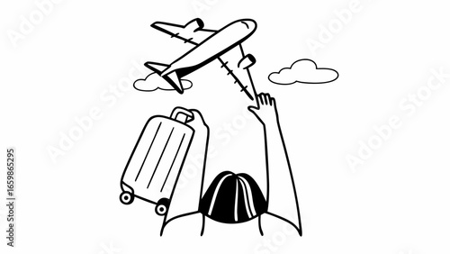 Person reaching for a plane flying in the sky with clouds and a suitcase in a black and white drawing