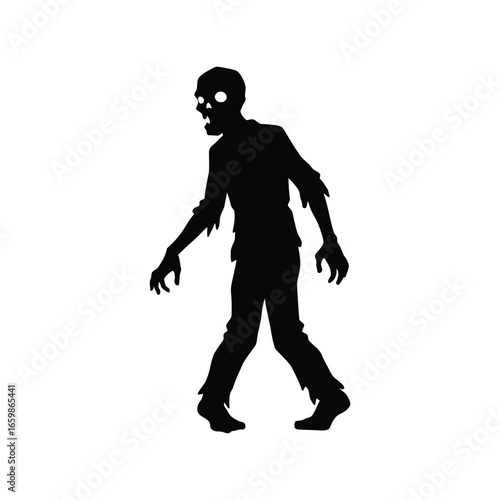Silhouette of a walking zombie with glowing eyes and tattered clothing on white vector