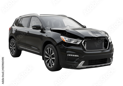 Damaged black SUV, front-end collision aftermath, insurance claim visuals, car accident, vehicle repair needs, safety concerns, automotive crash, transport failure