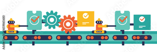A cartoon illustration of an automated assembly line with robots and gears on a conveyor belt system