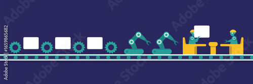 Illustration of an automated assembly line with robots and workers on a conveyor belt system in a factory
