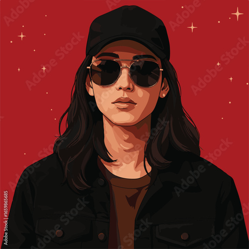 Portrait of a young person wearing sunglasses and a baseball cap against a red starry background teenager