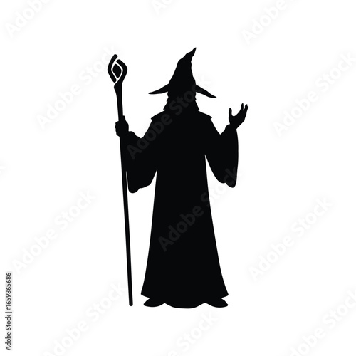 Mysterious wizard silhouette holding staff conjuring magic spell fantasy character vector