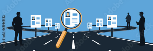 A conceptual illustration of job searching with resumes on a road and a magnifying glass focusing on one