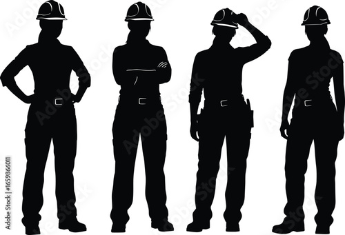 Silhouette of female construction workers in hard hats and workwear, standing in various confident poses, black isolated figures on white background