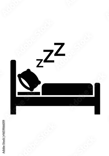 A black and white icon depicting a bed with a pillow and Zzz symbols indicating sleep.