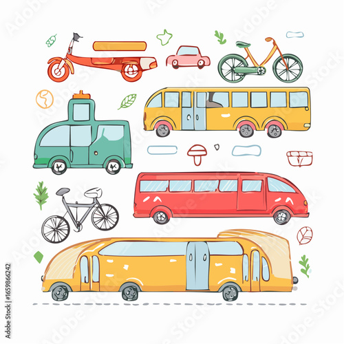 A whimsical collection of diverse transportation vehicles illustrated in a charming doodle style, featuring buses, scooters, cars, and bicycles, perfect for travel and lifestyle themes.