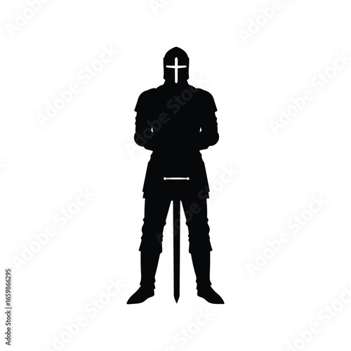 Silhouette of a knight in full armor holding a sword ready for battle vector