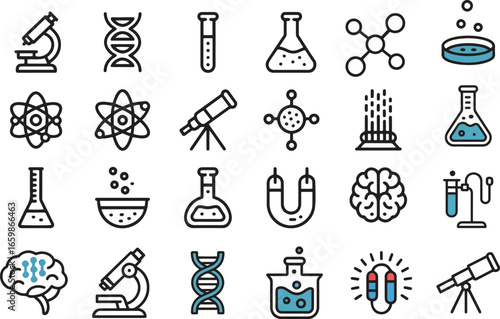 Collection of science line icons. Laboratory, research, experiment, discovery. Editable stroke. Vector illustration