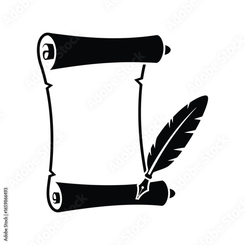 Old parchment scroll with feather quill pen for historical writing and document creation vector