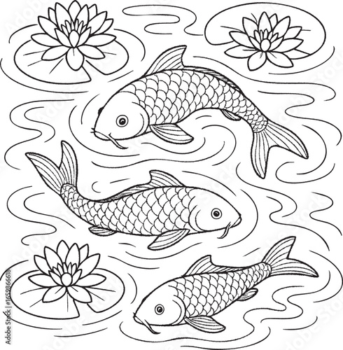 Koi fish and lotus pond line illustration in traditional style