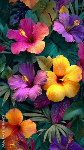 Wallpaper Mural Colorful hibiscus flowers tropical green leaves vivid summer floral mobile background Torontodigital.ca