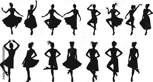 Silhouettes of fashionable female dancers in retro dresses and heels, striking graceful poses, black isolated figures on white background, vintage elegance