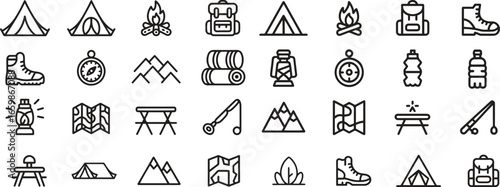 Collection of Camping and Outdoor Line Icons. Tent, Bonfire, Backpack, Adventure. Editable Stroke. Vector Illustration