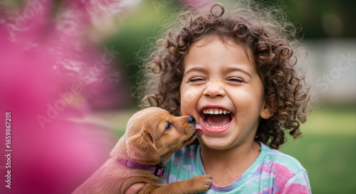 Young child laughing while playing with puppy licks in sunny garden  