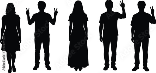Silhouettes of men and women making peace signs with one or both hands, standing in casual and formal outfits, black isolated figures on white background