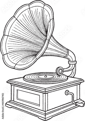 Vintage gramophone with large horn and turntable engraved style