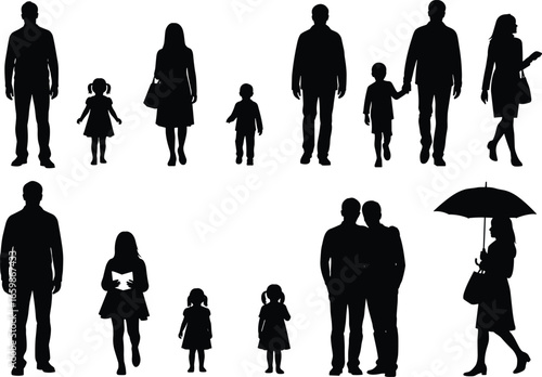 Silhouettes of parents and children in everyday poses, walking, standing, holding hands, reading, and using umbrellas, black isolated figures on white background